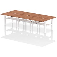 Air 6 Person Sit-Standing Scalloped Bench Desk, Back to Back, 6 x 1200mm (800mm Deep), White Frame, Walnut