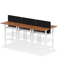 Air 6 Person Sit-Standing Scalloped Bench Desk with Black Straight Screen, Back to Back, 6 x 1200mm (800mm Deep), White Frame, Walnut Air 6 Person Sit-Standing Scalloped Bench Desk with Black Straight Screen, Back to Back, 6 x 1200mm (800mm Deep), White Frame, Walnut