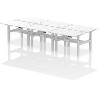 Air 6 Person Sit-Standing Bench Desk, Back to Back, 6 x 1200mm (800mm Deep), Silver Frame, White