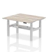 Air 2 Person Sit-Standing Bench Desk, Back to Back, 2 x 1400mm (600mm Deep), Silver Frame, Grey Oak