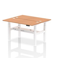 Air 2 Person Sit-Standing Bench Desk, Back to Back, 2 x 1400mm (600mm Deep), White Frame, Oak