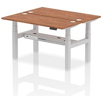 Air 2 Person Sit-Standing Bench Desk, Back to Back, 2 x 1400mm (600mm Deep), Silver Frame, Walnut