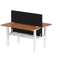 Air 2 Person Sit-Standing Bench Desk with Black Straight Screen, Back to Back, 2 x 1400mm (600mm Deep), White Frame, Walnut Air 2 Person Sit-Standing Bench Desk with Black Straight Screen, Back to Back, 2 x 1400mm (600mm Deep), White Frame, Walnut