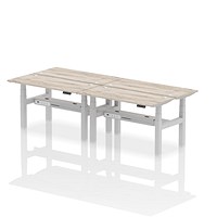 Air 4 Person Sit-Standing Bench Desk, Back to Back, 4 x 1400mm (600mm Deep), Silver Frame, Grey Oak