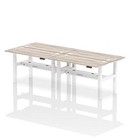 Air 4 Person Sit-Standing Bench Desk, Back to Back, 4 x 1400mm (600mm Deep), White Frame, Grey Oak