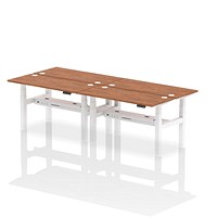 Air 4 Person Sit-Standing Bench Desk, Back to Back, 4 x 1400mm (600mm Deep), White Frame, Walnut Air 4 Person Sit-Standing Bench Desk, Back to Back, 4 x 1400mm (600mm Deep), White Frame, Walnut