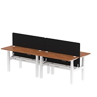 Air 4 Person Sit-Standing Bench Desk with Black Straight Screen, Back to Back, 4 x 1400mm (600mm Deep), White Frame, Walnut Air 4 Person Sit-Standing Bench Desk with Black Straight Screen, Back to Back, 4 x 1400mm (600mm Deep), White Frame, Walnut