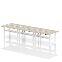 Air 6 Person Sit-Standing Bench Desk, Back to Back, 6 x 1400mm (600mm Deep), White Frame, Grey Oak