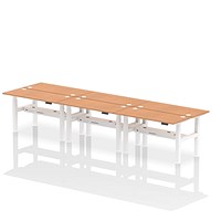 Air 6 Person Sit-Standing Bench Desk, Back to Back, 6 x 1400mm (600mm Deep), White Frame, Oak