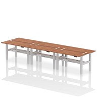 Air 6 Person Sit-Standing Bench Desk, Back to Back, 6 x 1400mm (600mm Deep), Silver Frame, Walnut