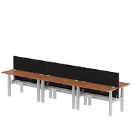 Air 6 Person Sit-Standing Bench Desk with Black Straight Screen, Back to Back, 6 x 1400mm (600mm Deep), Silver Frame, Walnut Air 6 Person Sit-Standing Bench Desk with Black Straight Screen, Back to Back, 6 x 1400mm (600mm Deep), Silver Frame, Walnut