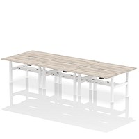 Air 6 Person Sit-Standing Scalloped Bench Desk, Back to Back, 6 x 1400mm (800mm Deep), White Frame, Grey Oak