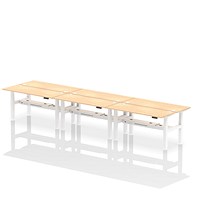 Air 6 Person Sit-Standing Bench Desk, Back to Back, 6 x 1600mm (600mm Deep), White Frame, Maple