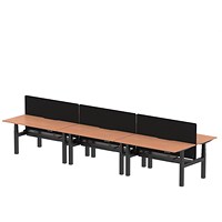 Air 6 Person Sit-Standing Scalloped Bench Desk with Charcoal Straight Screen, Back to Back, 6 x 1600mm (800mm Deep), Black Frame, Beech