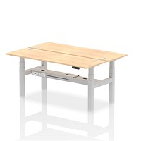 Air 2 Person Sit-Standing Bench Desk, Back to Back, 2 x 1800mm (600mm Deep), Silver Frame, Maple