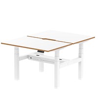 Oslo 2 Person Sit-Standing Bench Desk, Back to Back, 2 x 1200mm (800mm Deep), White Frame, White with Wooden Edge