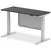 Air 1400mm Slim Rectangular Height Adjustable Desk and Modesty Panel, Silver Leg and Panel, Black Air 1400mm Slim Rectangular Height Adjustable Desk and Modesty Panel, Silver Leg and Panel, Black