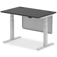 Air 1200mm Rectangular Height Adjustable Desk with Modesty Panel, Silver Leg and Panel, Black