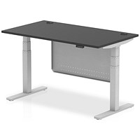 Air 1400mm Rectangular Height Adjustable Desk with Modesty Panel, Silver Leg and Panel, Black