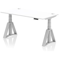 Air 1600mm Height Adjustable Cable Ports Desk, Silver Leg with Piste Foot, White