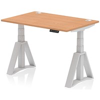 Air 1200mm Height Adjustable Cable Port Desk, Silver Leg with Piste Foot, Oak