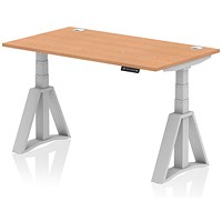 Air 1400mm Height Adjustable Cable Port Desk, Silver Leg with Piste Foot, Oak