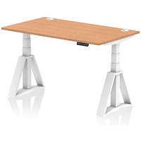 Air 1400mm Height Adjustable Cable Port Desk, White Leg with Piste Foot, Oak