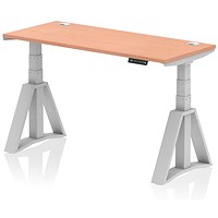 Air 1400mm Slim Height Adjustable Cable Ports Desk, Silver Leg with Piste Foot, Beech