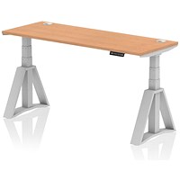 Air 1600mm Slim Height Adjustable Cable Ports Desk, Silver Leg with Piste Foot, Oak