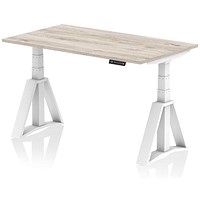 Air 1400mm Height Adjustable Desk, White Leg with Piste Foot, Grey Oak Air 1400mm Height Adjustable Desk, White Leg with Piste Foot, Grey Oak