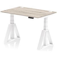 Air 1200mm Height Adjustable Cable Port Desk, White Leg with Piste Foot, Grey Oak