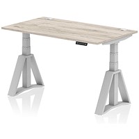 Air 1400mm Height Adjustable Cable Port Desk, Silver Leg with Piste Foot, Grey Oak Air 1400mm Height Adjustable Cable Port Desk, Silver Leg with Piste Foot, Grey Oak