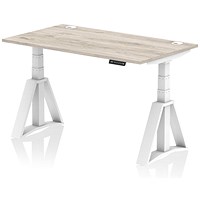 Air 1400mm Height Adjustable Cable Port Desk, White Leg with Piste Foot, Grey Oak