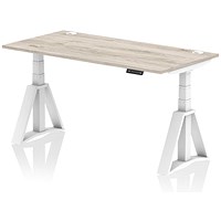 Air 1600mm Height Adjustable Cable Ports Desk, White Leg with Piste Foot, Grey Oak