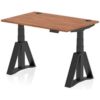 Air 1200mm Height Adjustable Cable Port Desk, Black Leg with Piste Foot, Walnut