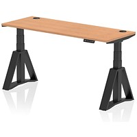 Air 1600mm Slim Height Adjustable Cable Ports Desk, Black Leg with Piste Foot, Oak