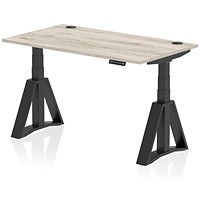 Air 1400mm Height Adjustable Cable Port Desk, Black Leg with Piste Foot, Grey Oak