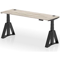 Air 1800mm Slim Height Adjustable Cable Ports Desk, Black Leg with Piste Foot, Grey Oak