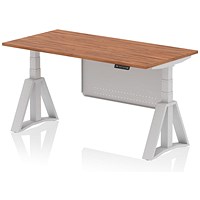 Air Modesty 1600mm Height Adjustable Desk, Silver Leg with Piste Foot and Modesty Panel, Walnut