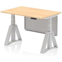 Air Modesty 1200mm Height Adjustable Desk, Silver Leg with Piste Foot and Modesty Panel, Maple