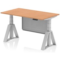 Air Modesty 1400mm Height Adjustable Desk, Silver Leg with Piste Foot and Modesty Panel, Oak