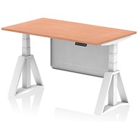 Air Modesty 1400mm Height Adjustable Desk, White Leg with Piste Foot and Modesty Panel, Beech