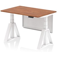 Air Modesty 1200mm Height Adjustable Desk, White Leg with Piste Foot and Modesty Panel, Walnut
