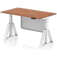 Air Modesty 1400mm Height Adjustable Desk, White Leg with Piste Foot and Modesty Panel, Walnut