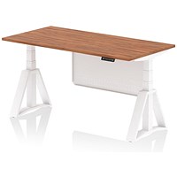 Air Modesty 1600mm Height Adjustable Desk, White Leg with Piste Foot and Modesty Panel, Walnut