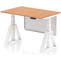 Air Modesty 1200mm Height Adjustable Desk, White Leg with Piste Foot and Modesty Panel, Oak