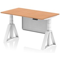 Air Modesty 1400mm Height Adjustable Desk, White Leg with Piste Foot and Modesty Panel, Oak
