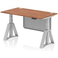 Air Modesty 1400mm Height Adjustable Cable Port Desk, Silver Leg with Piste Foot and Modesty Panel, Walnut