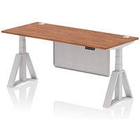 Air Modesty 1800mm Height Adjustable Cable Port Desk, Silver Leg with Piste Foot and Modesty Panel, Walnut