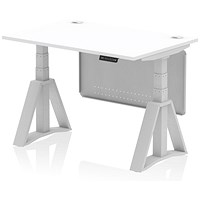 Air Modesty 1200mm Height Adjustable Cable Port Desk, Silver Leg with Piste Foot and Modesty Panel, White